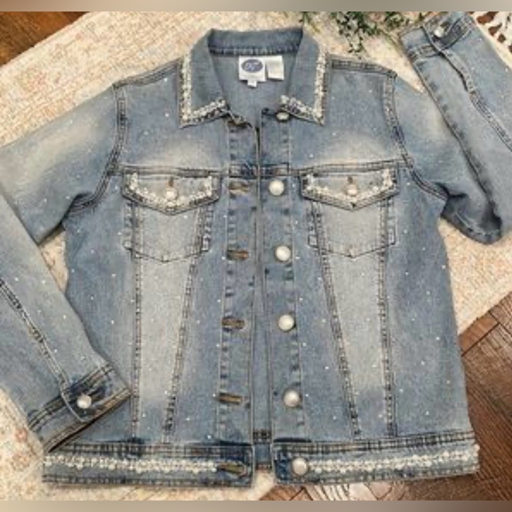 DG2 by Diane Gilman | pearl rhinestone embellished denim jacket. Size: L